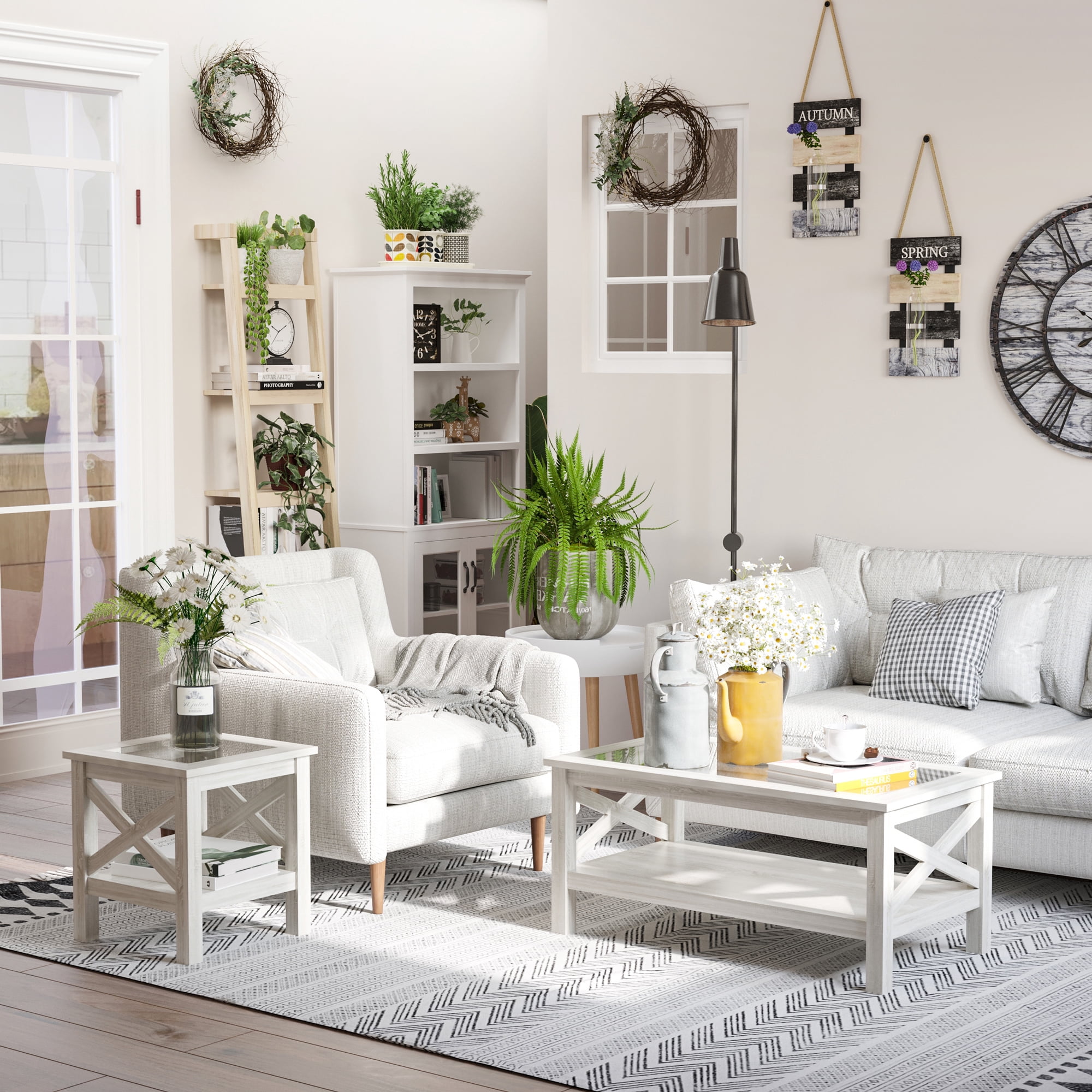 HOMCOM Farmhouse Style Coffee Table with Wood Frame, Tempered Glass Tabletop and Underneath Storage Shelf, Side Table for Living Room, 39.25"x21.75", White Oak