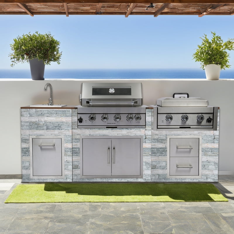 Built-in Outdoor Kitchen 32 inch LPG Gas Grill 60000 BTU Stainless Steel Four burners Grill with Infrared Rear Bunrer and Door and Drawer Combo and Drop in Stainless Steel 304# Sink with BBQ Tool Set