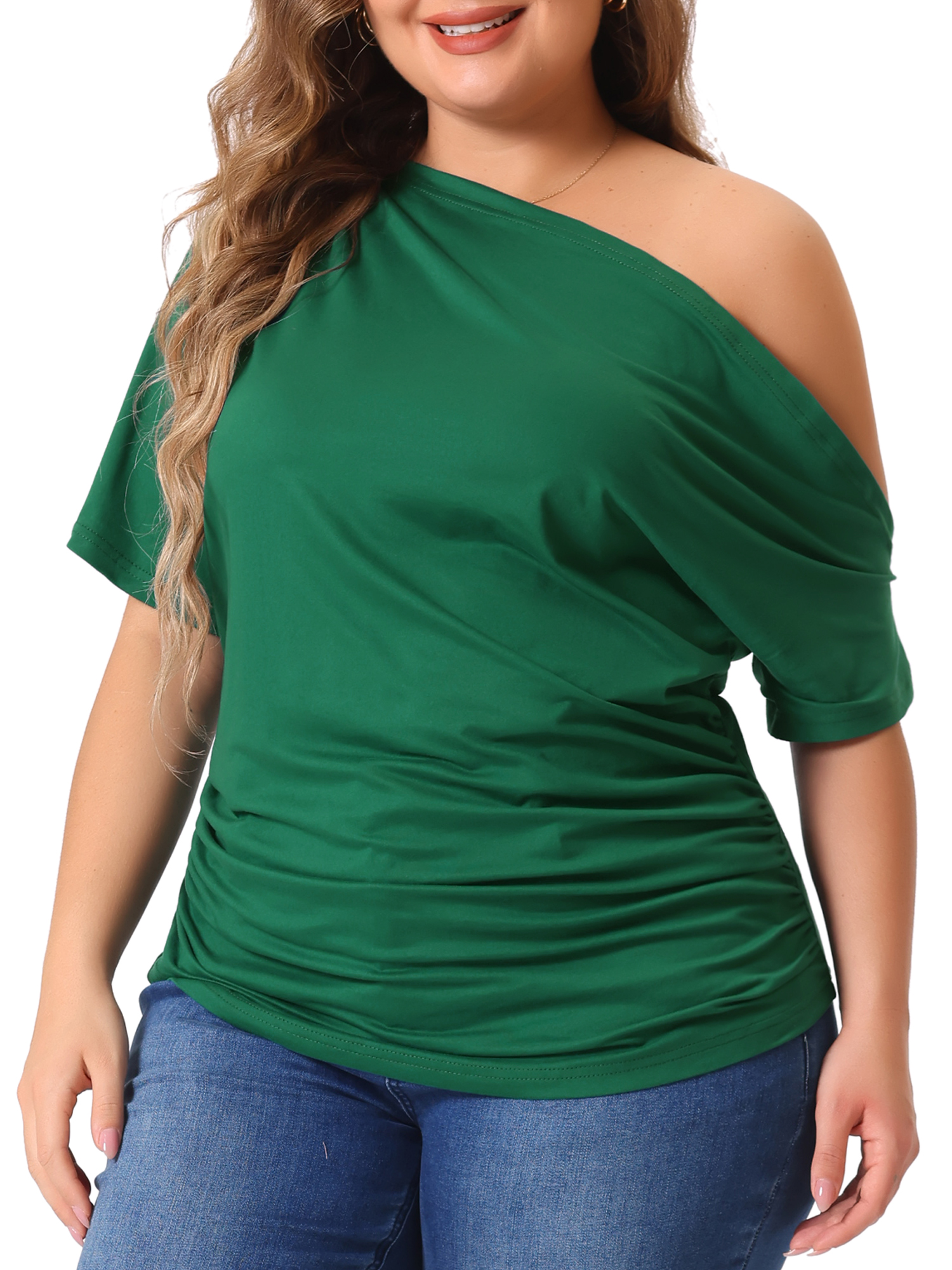 Women's Plus Tops One Shoulder Short Sleeve Ruched Basic Blouses Summer Tee Tops 2X Dark Green