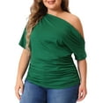 thumbnail image 2 of DARING DIVA Women's Plus Tops One Shoulder Ruched Basic Blouses 1X Dark Green, 2 of 6