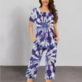 thumbnail image 2 of HUJlwoi Women Button down Pajama Tie Dye Printed Sleepwear Sets Short Sleeve Shirts and Capri Pants Lounge Pj Sets with Pocket, 2 of 5