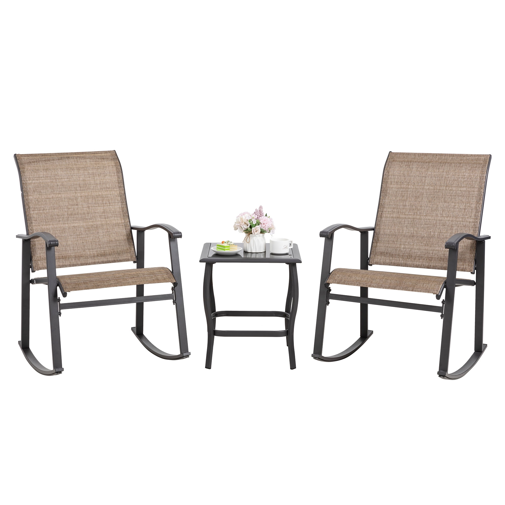 Walsunny 3 Pieces Rocking Bistro Patio Furniture Rocker Set with 2 Outdoor Rocking Chairs and 1 Glass Coffee Table for Porch Deck Lawn,Brown