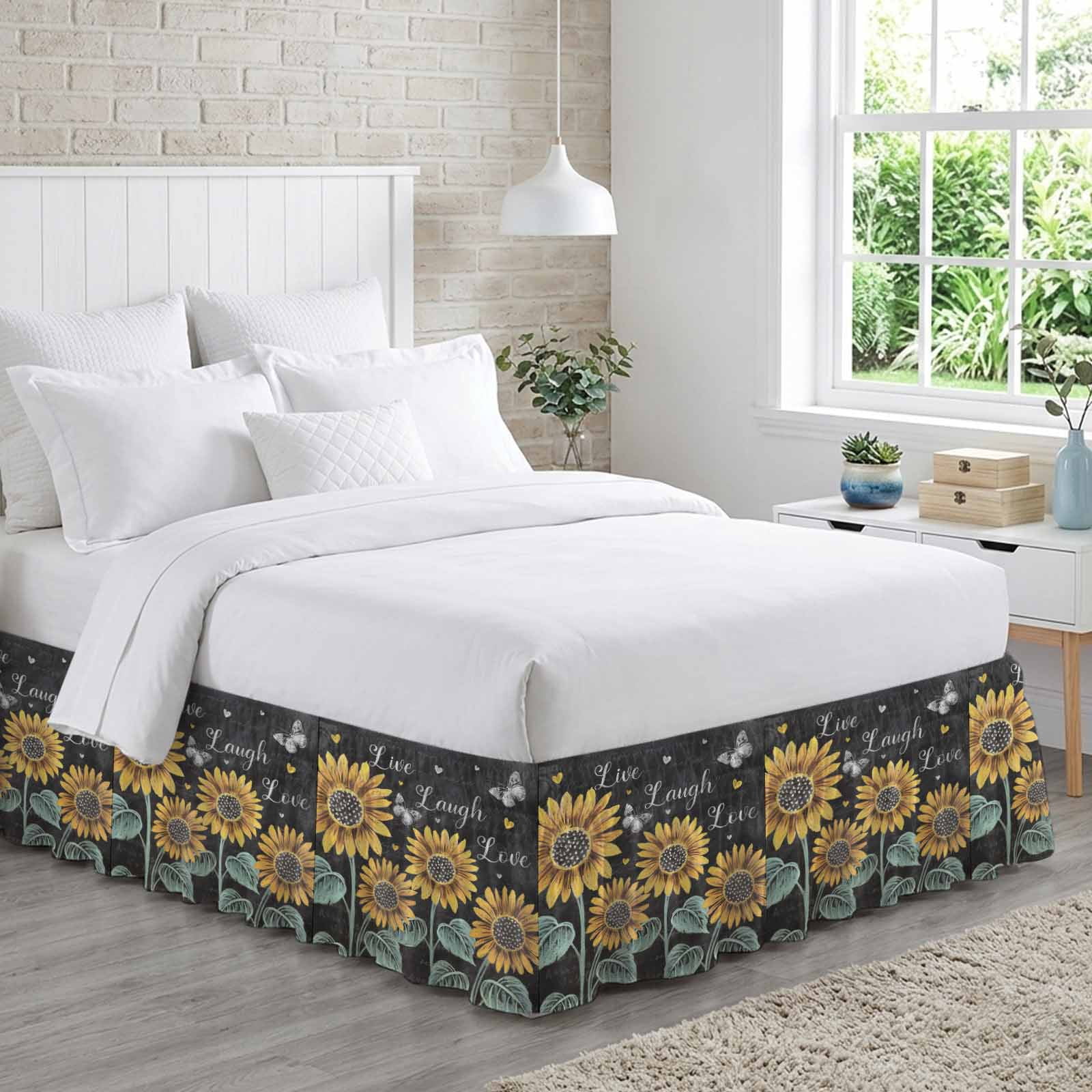 Summer Sunflowers Bed Skirt King Size 18 Inch Drop, Elastic Wrap Around Bed Skirts Pleated Luxury Dust Ruffles For Twin Full Queen Cal King Base Beds, Farmhouse Cartoon Botanical Flowers