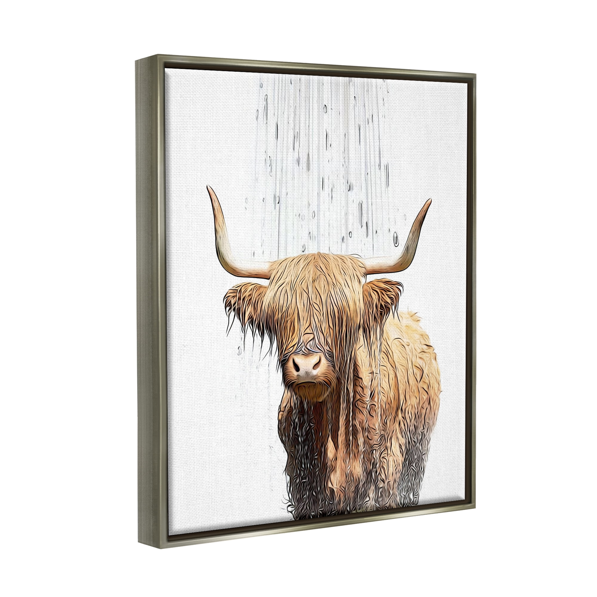 Stupell Industries Highland Cow Bathroom Splash Animals & Insects Painting Gray Floater Framed Canvas Art Print Wall Art, 25 x 31