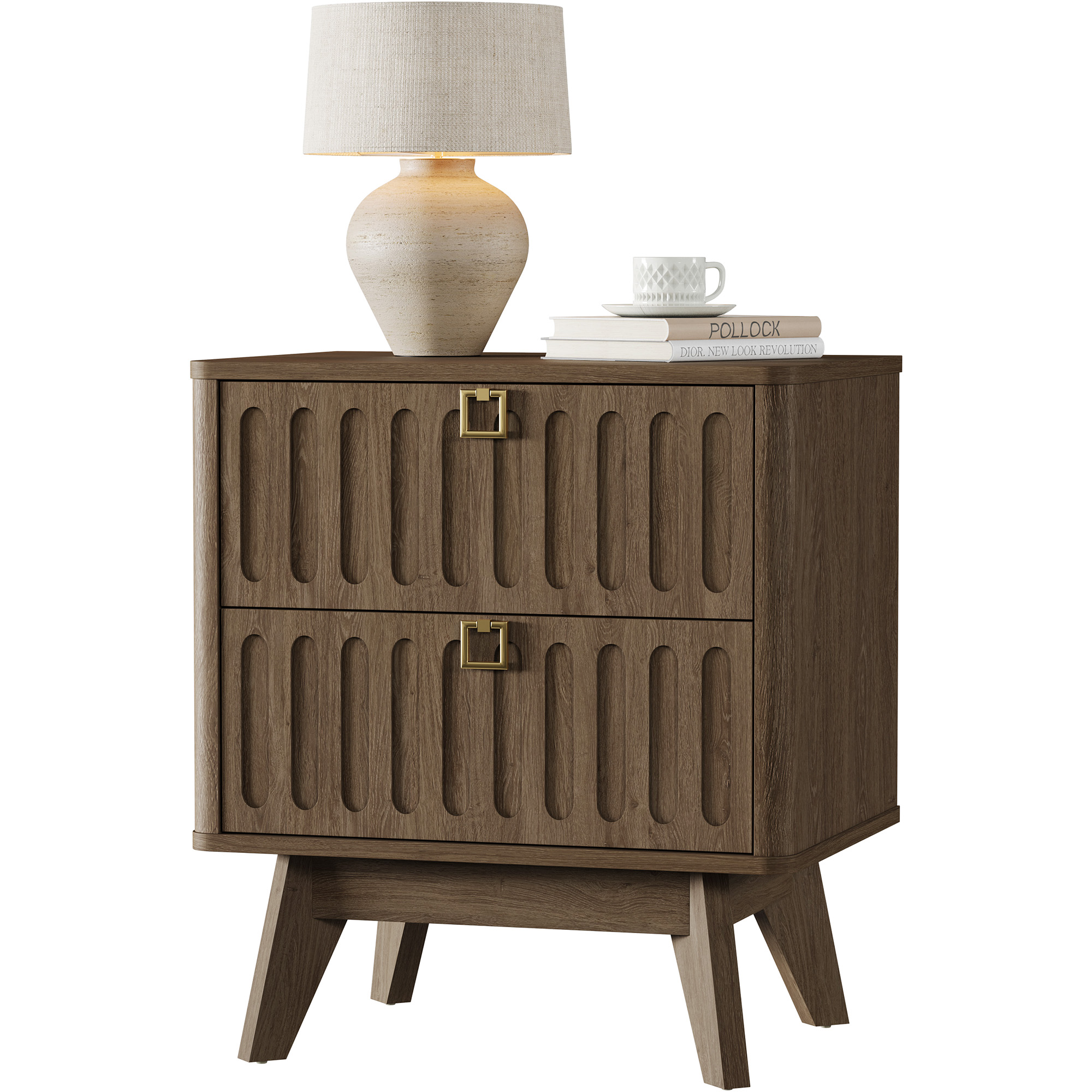 SICOTAS 21.02" Wide 2-Drawer Nightstands Set of 2,Mid-Century Modern Bedside Table with Large Drawers & Elegant Gold Square Handle for Bedroom, Living Room, Entryway - Coffee Oak