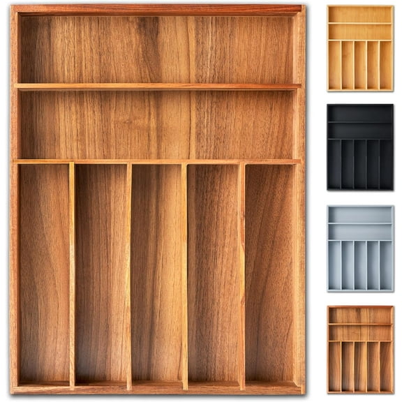 Silverware Organizer, 12.5 Inch Utensil Organizer Kitchen Drawer Organizer Acacia Silverware Holder Cutlery Tray Organizer in Drawer Flatware Organizer Tray(7 slots, Acacia）