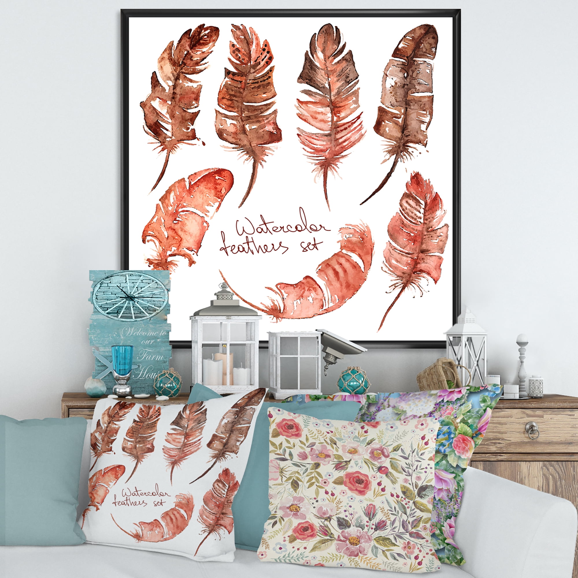 Designart 'Boho Art Feather Icons' Bohemian & Eclectic Framed Canvas Wall Art Print