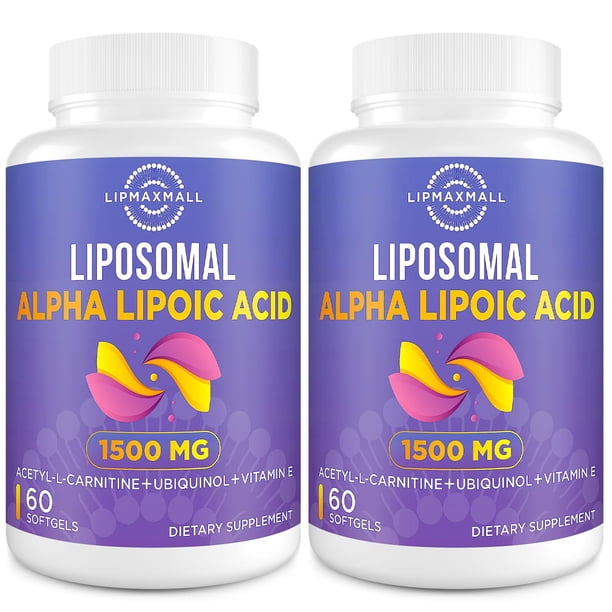 l carnitina acido alfa lipoico Suplemento de ácido alfa lipoico liposomal de 1500 mg con acetil-L-carnitina  900 mg, ubiquinol 100 mg y vitamina E 15 mg, 60 cápsulas blandas (2  botellas)