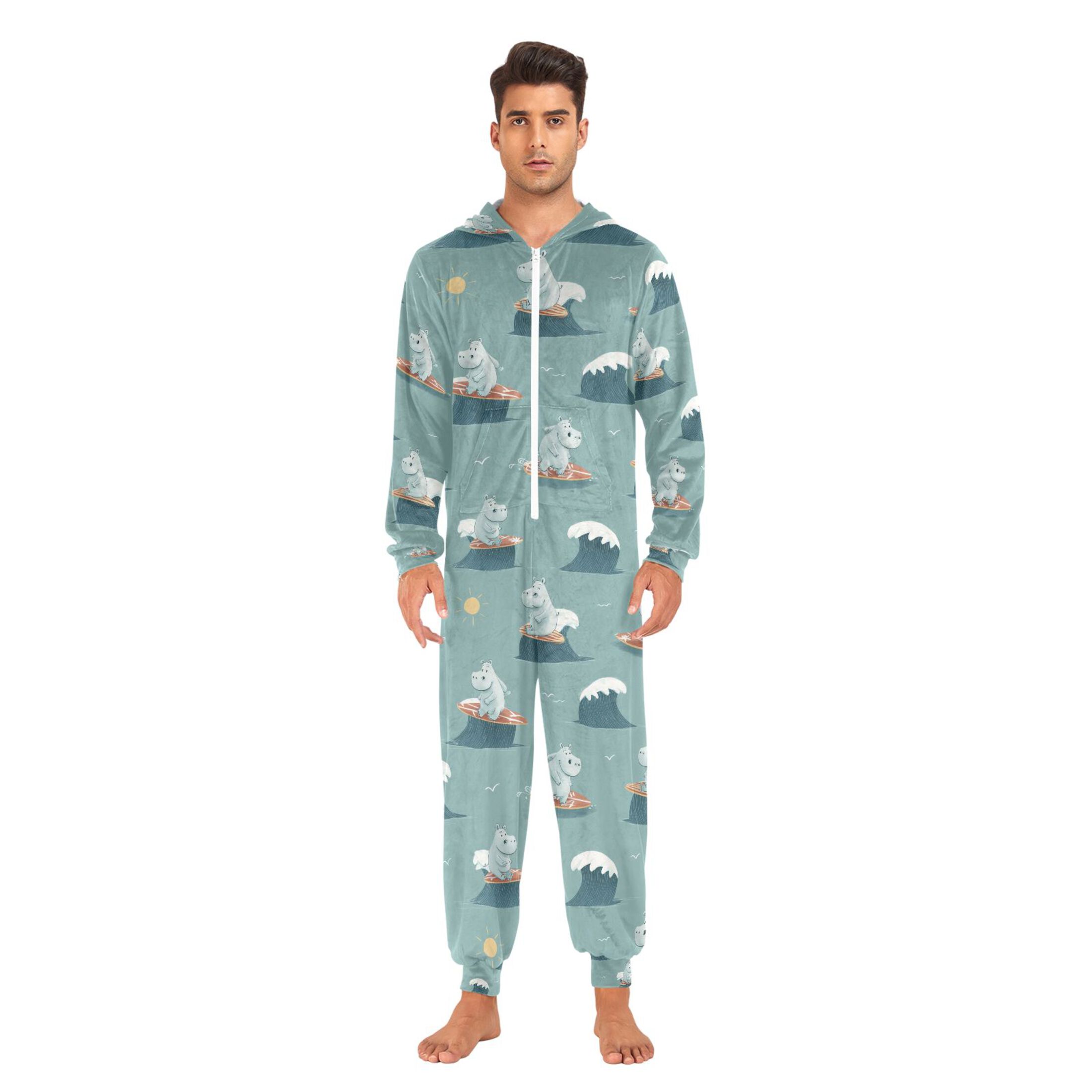 Adult Christmas Onesie Surfing Hippo Adult Zipper One-Piece Pajamas Unisex Pajamas with Pockets