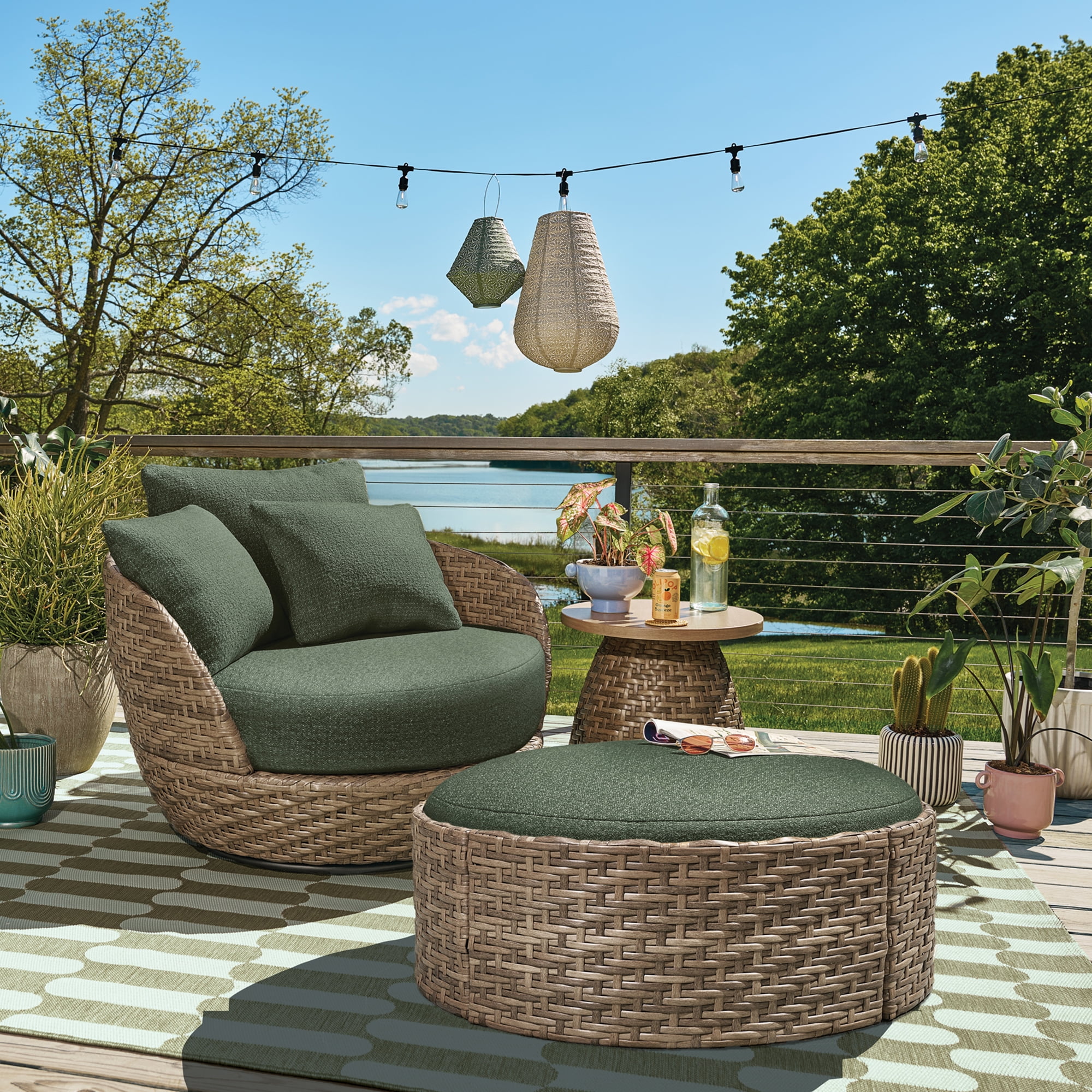 Beautiful Wicker Outdoor Swivel Statement Chair with Boucle Cushions & Cover by Drew Barrymore, Brown/Thyme