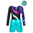 thumbnail image 4 of iixpin Girls Long Sleeve Gymnastics Leotard Printed Dance Bodysuit with Bottom Shorts Set for Kids Ballet Dancewear Blue Green 4, 4 of 7