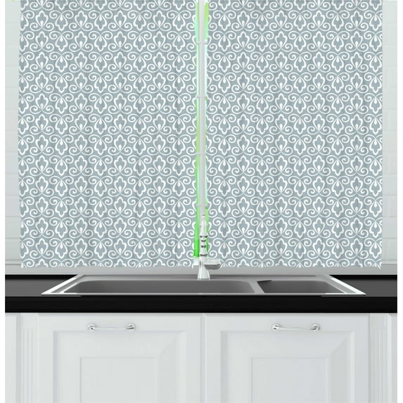 Damask Kitchen Curtains, Modern Simplistic Style Retro Victorian Baroque Leaves Pastel Toned Pattern, Two Panels Drapes with Rod Pocket Room Decor, 55" X 45", Blue Grey and White, by Ambesonne