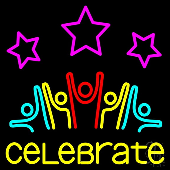 Fire Work Celebrate 2 LED Neon Sign 16 x 16 - inches, Clear Edge Cut Acrylic Backing, with Dimmer - Bright and Premium built indoor LED Neon Sign for special occasion decor.