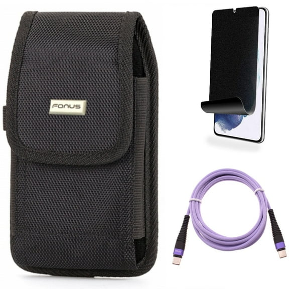 For Samsung Galaxy S21 (6.2") - [Fingerprint Works] TPU Film Privacy Screen Protector   Fast Charger Cord Type-C to USB-C Purple 10ft PD Cable   Holster Swivel Case Belt Clip