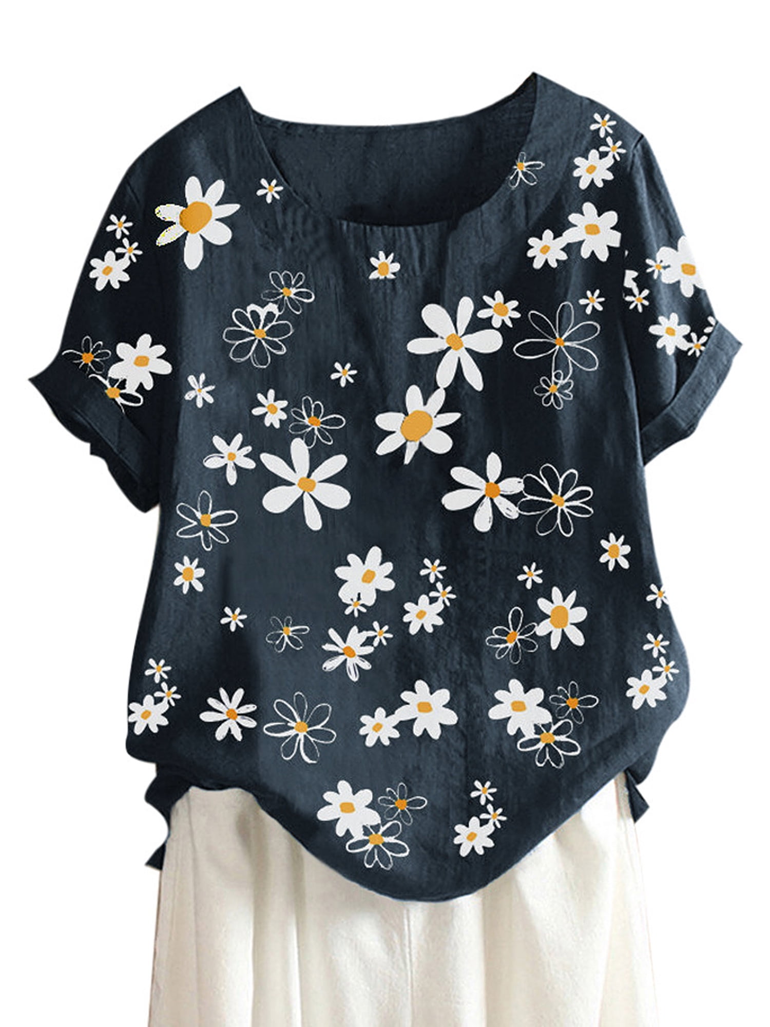 LEXUPA Womens Loose Collar T-Shirt Plus Size Short Sleeve Floral Printed Sunflower O-Neck Tops Blouse