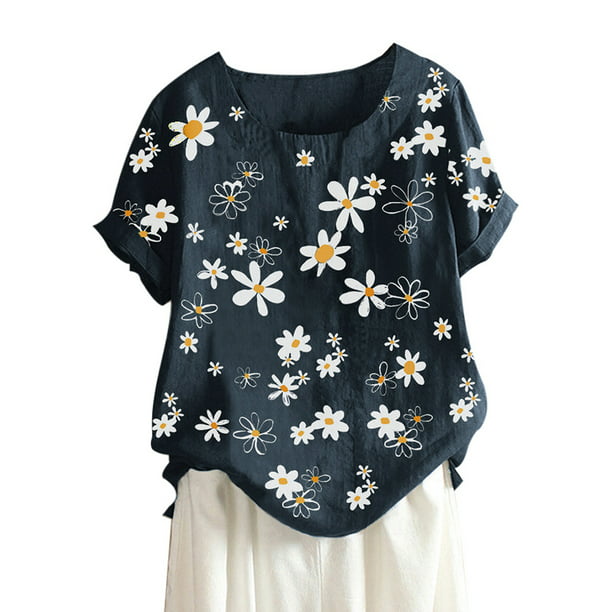 UKAP - Plus Size Women Summer Daisy Flower Print Top Short Sleeve O ...