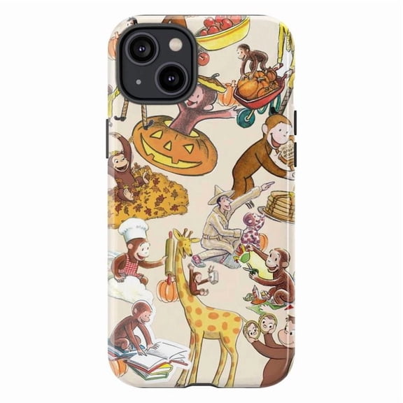 Autumn Harvest Curious Monkey Phone Case, Cute Fall Festival Pumpkin Pie & Thanksgiving Design Cover for iPhone 16 15 14 13 12 11 Pro Max Plus Mini