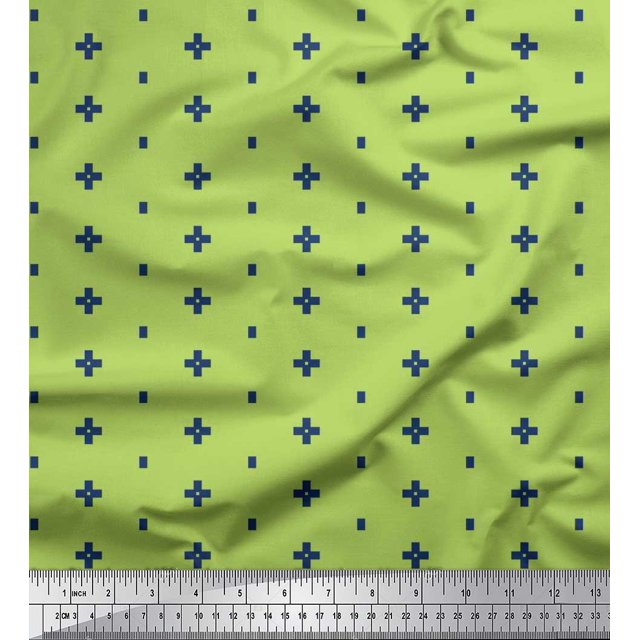 Soimoi Green Rayon Fabric Geometric Plus Sign & Jamdani Printed Fabric 1 Yard 42 Inch Wide