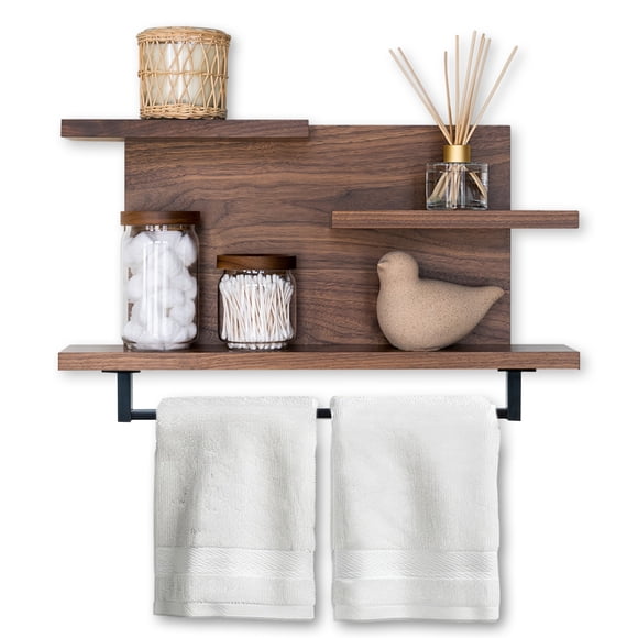 Straga Étagère de Salle de Bain Flottante à 3 Niveaux en Noyer Faite à la Main de 23 Pouces avec Barre à Serviettes de 18 Pouces – Design Moderne en Bois Massif pour Serviettes, Articles de Toilette et Déco – Salle de Bain, Cuisine, Salon, Chambre – Fabriqué au Canada 03