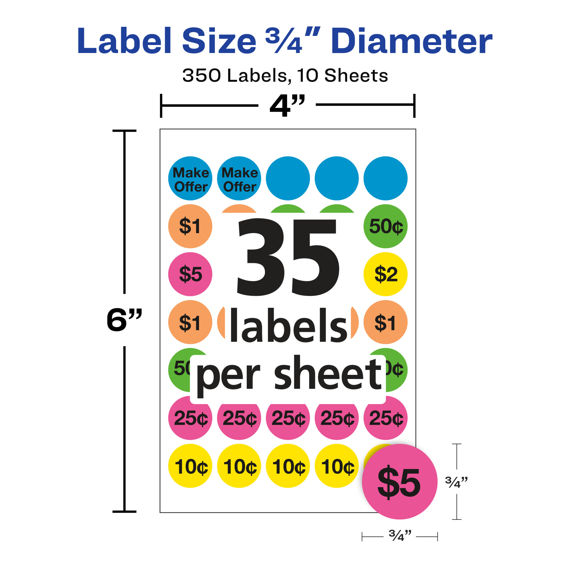 Avery Garage Sale Labels, 3/4" Round Stickers, Assorted Colors, Non-Printable, 350 Pricing Labels (5480) - image 5 of 5