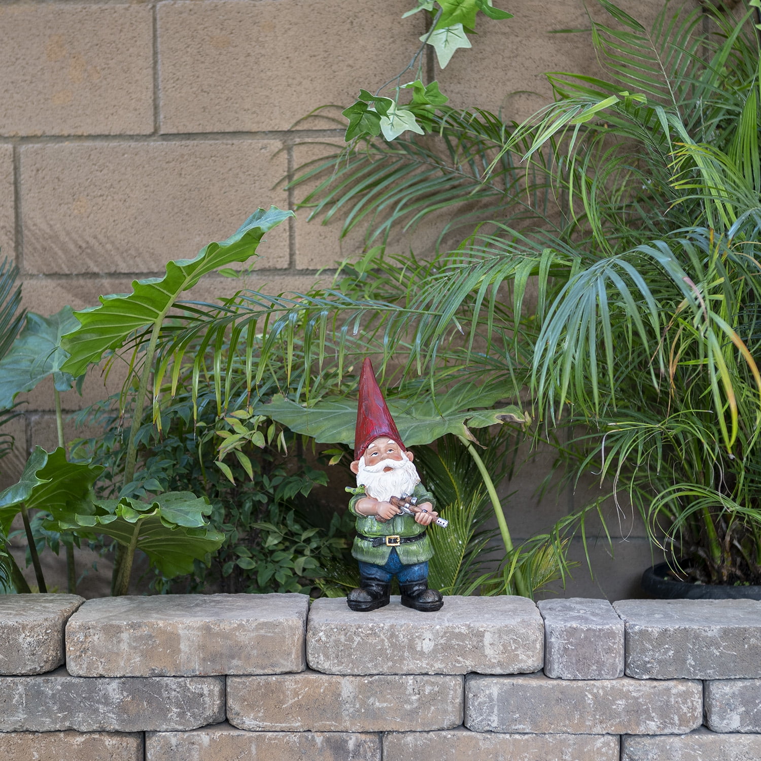 Gnome w/ Bluebird Peeking Out Of Window Tree Hugger Garden Statue