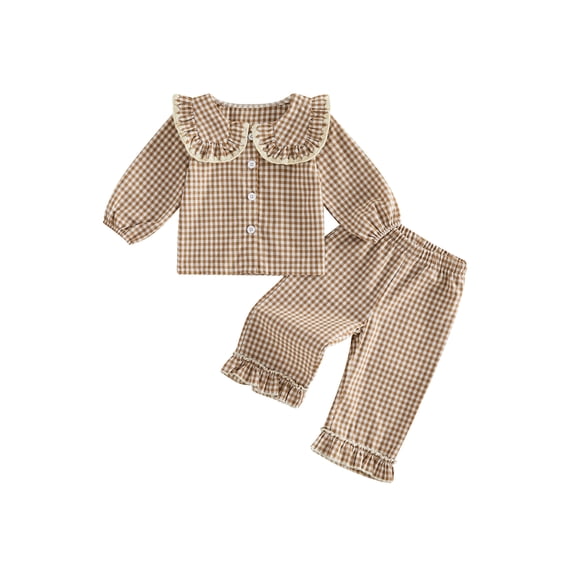 RUINIXCW Toddler Baby Girl Fall Spring Clothes Infant Baby Girls Plaid Gingham 2 Piece Outfit Ruffled Doll Collar Long Sleeve Button Down Shirt Tops with Long Pants 2Pcs Clothing Set