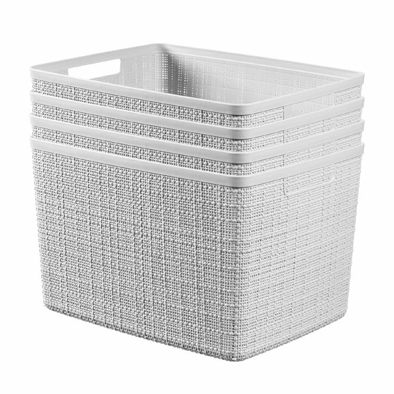Curver Jute Basket Large, Resin Plastic Storage Bin, White, 4 Pack