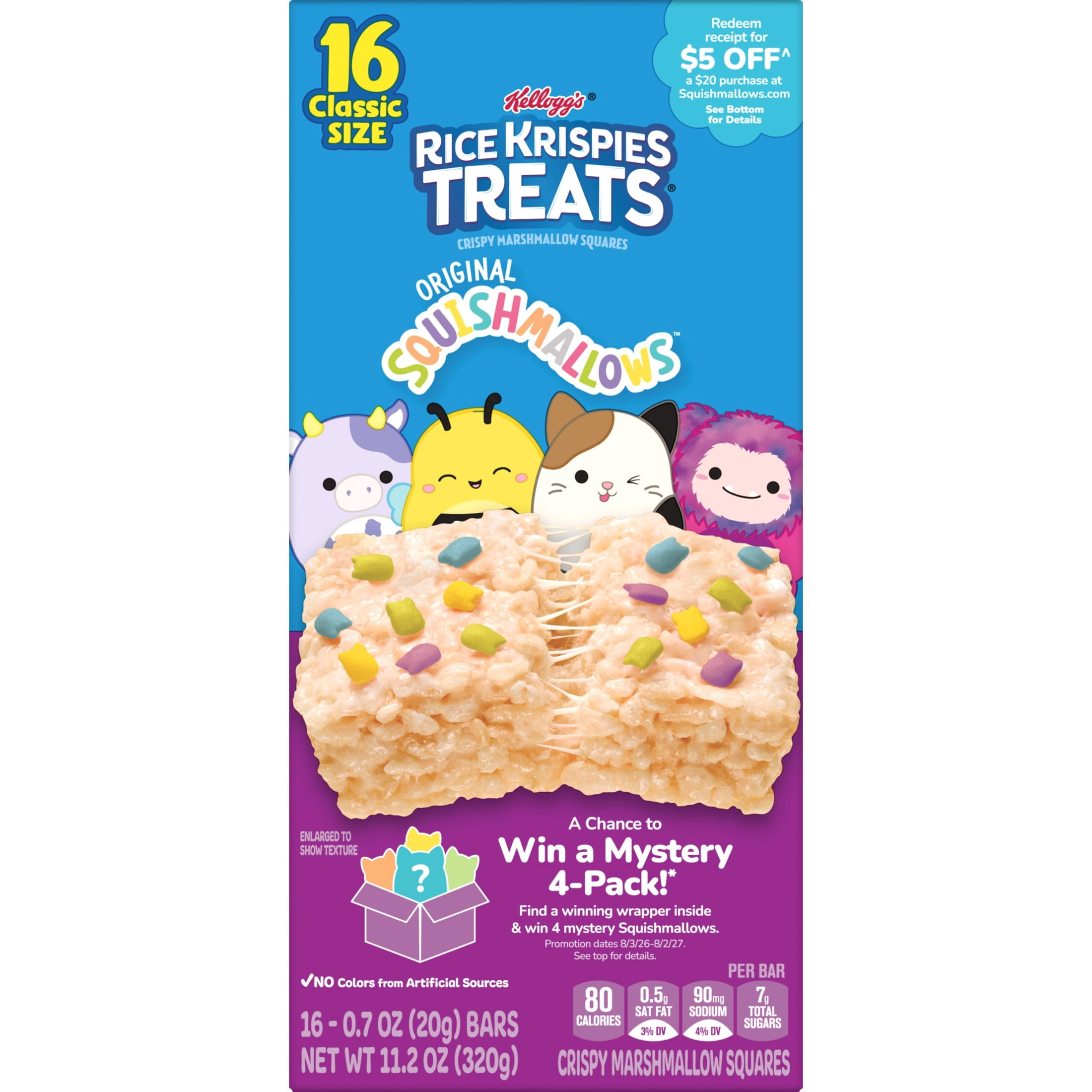 Rice Krispies Treats Original Squishmallows Chewy Crispy Marshmallows Squares, Kids Snacks, 11.2 oz, 16 Count