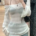 thumbnail image 1 of Autumn Sexy Mesh Long Sleeve Sweater Women Summer New French Hollow Thin Sunscreen Tops Korea Chic Knitted Casual Beach Pullover, 1 of 5