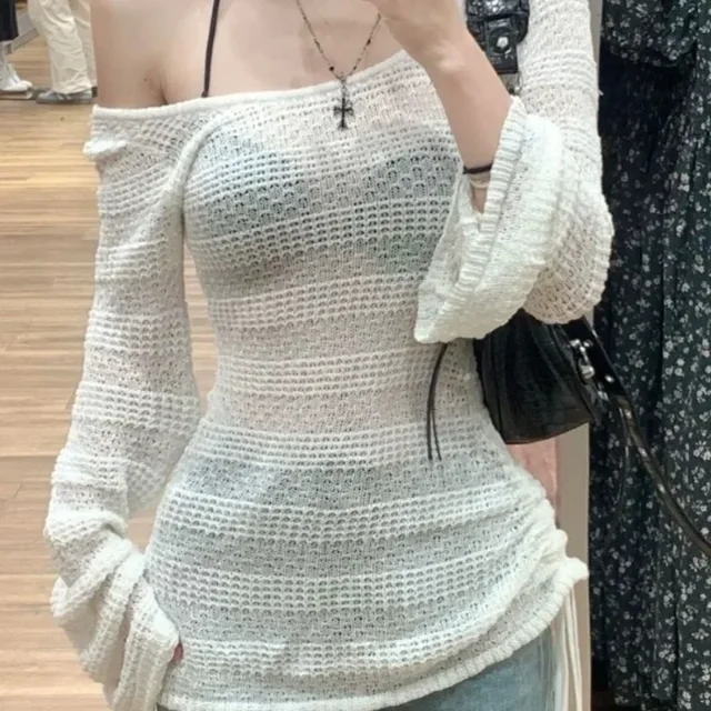 Autumn Sexy Mesh Long Sleeve Sweater Women Summer New French Hollow Thin Sunscreen Tops Korea Chic Knitted Casual Beach Pullover