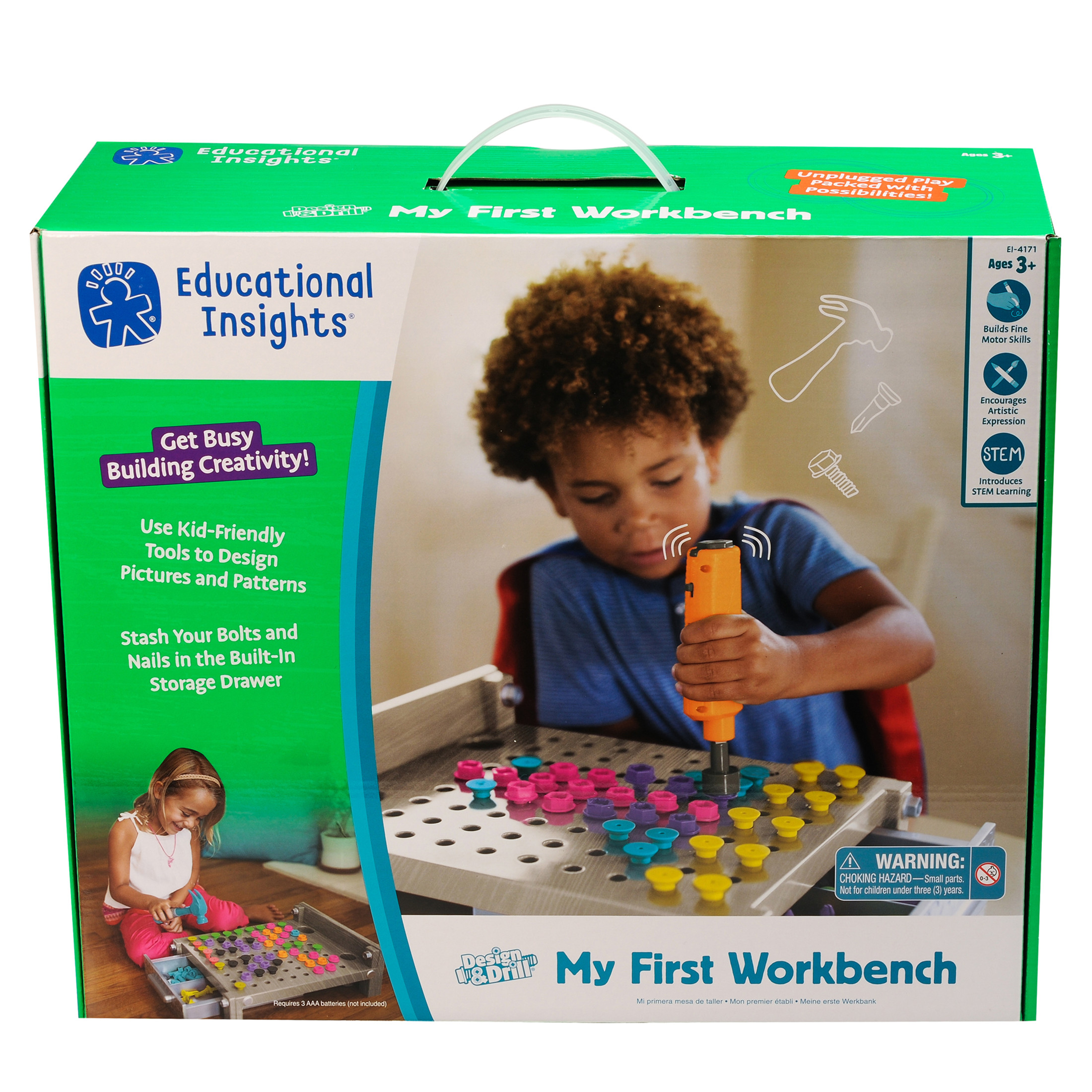 Educational Insights Design & Drill My First Workbench, Plastic Electric Drill Toy, Preschool STEM, Toddlers Ages 3+