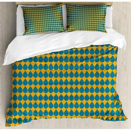 Duvet Cover Queen Blue Blue and Orange Queen Size Duvet Cover Set, Water Droplet Pattern with Warm Colored Background Aquatic Drip Design, Decorative 3 Piece Bedding Set with 2 Pillow Shams, Blue and Orange, by Ambesonne ()