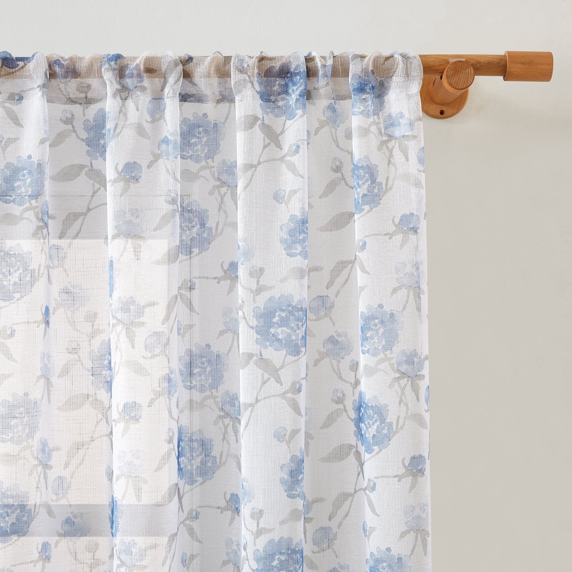 Bohogeo Blue Floral Leaf Print Poly Sheer Curtains with Linen Texture,2 Panels,84 inches in Length,Light-Filtering Privacy-Friendly Window Drapes with Rod Pocket for Living Room Decor,52W x 84L