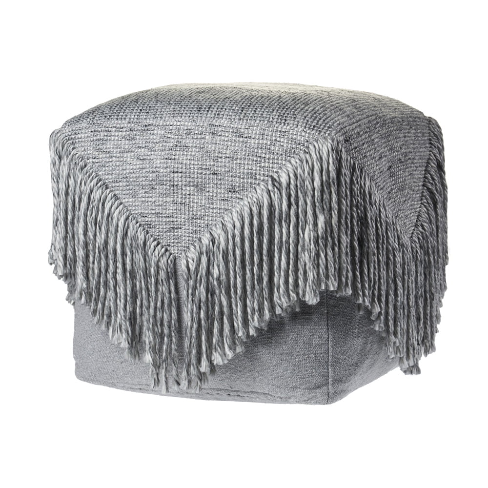 LR Home Medium Fringe Solid Indoor Square Pouf, Gray, 18" x 18" x 18"