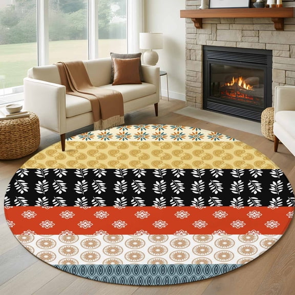 Round Area Rug 8 Ft, Modern Bohemian Washable Non-Slip Circle Carpet for Living Room/Bedroom, Colorful Minimalist Abstract Paisley Boho Collection Low-Profile Large Area Rugs for Indoor