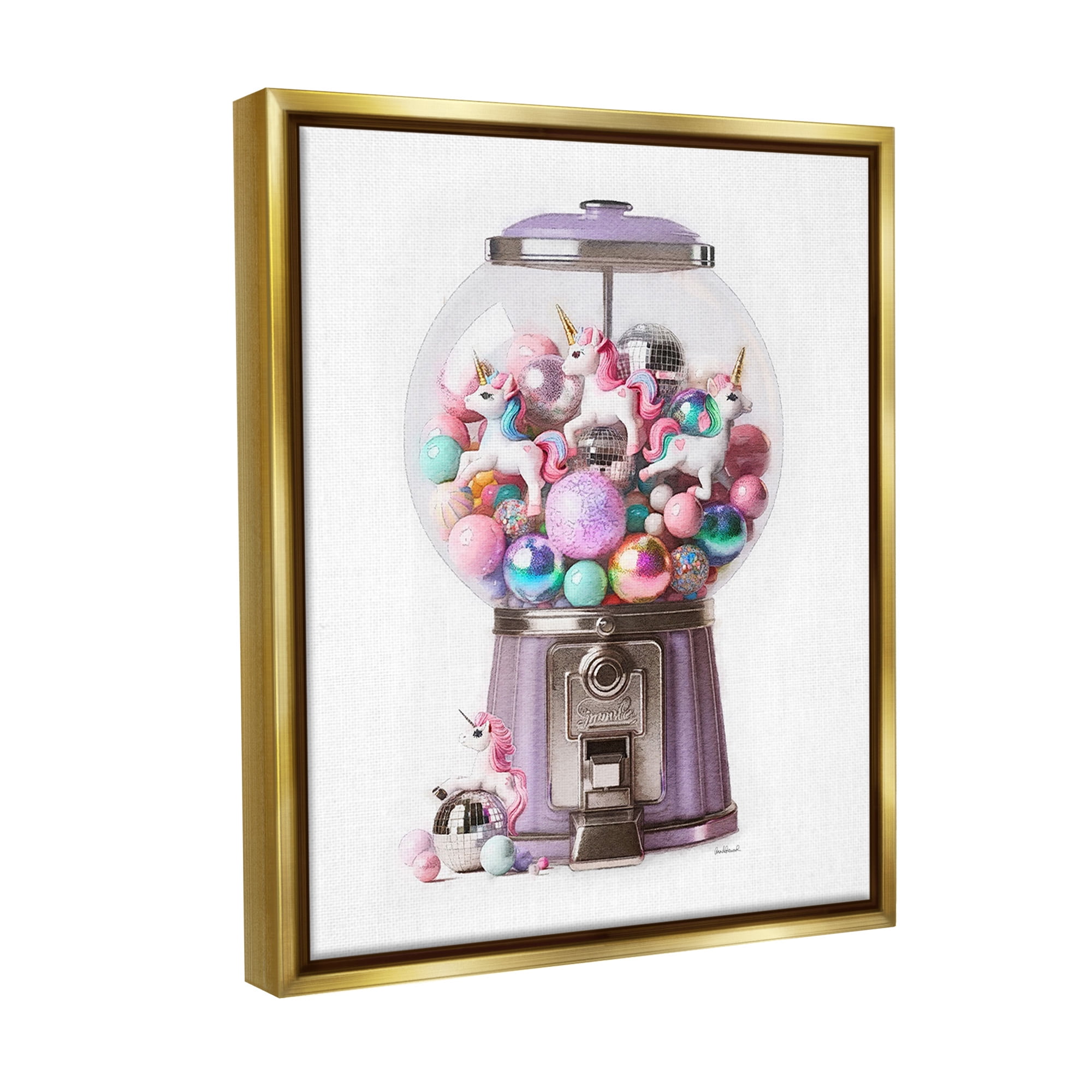 Stupell Industries Unicorn Gumball Machine Fairy Tales & Fantasy Painting Gold Floater Framed Canvas Art Print Wall Art, 17 x 21