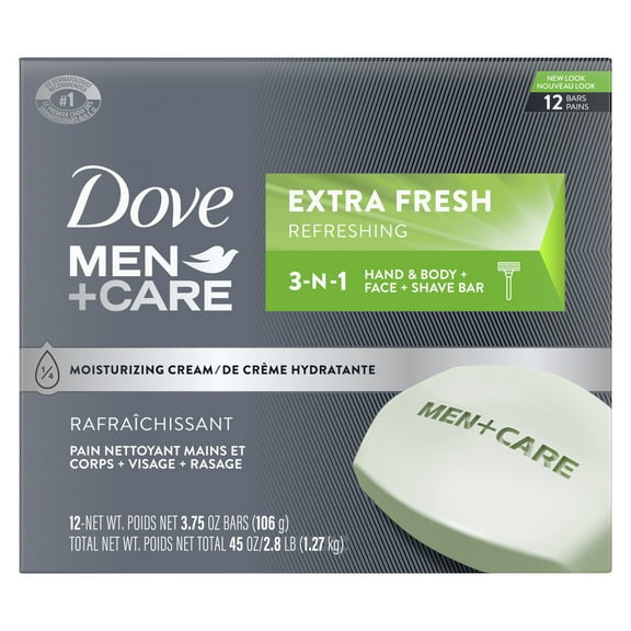 Dove Men Care 3-in-1 Moisturizing Body, Face & Shave Bar for All Skin Extra Fresh, 3.75 oz (12 Bars)