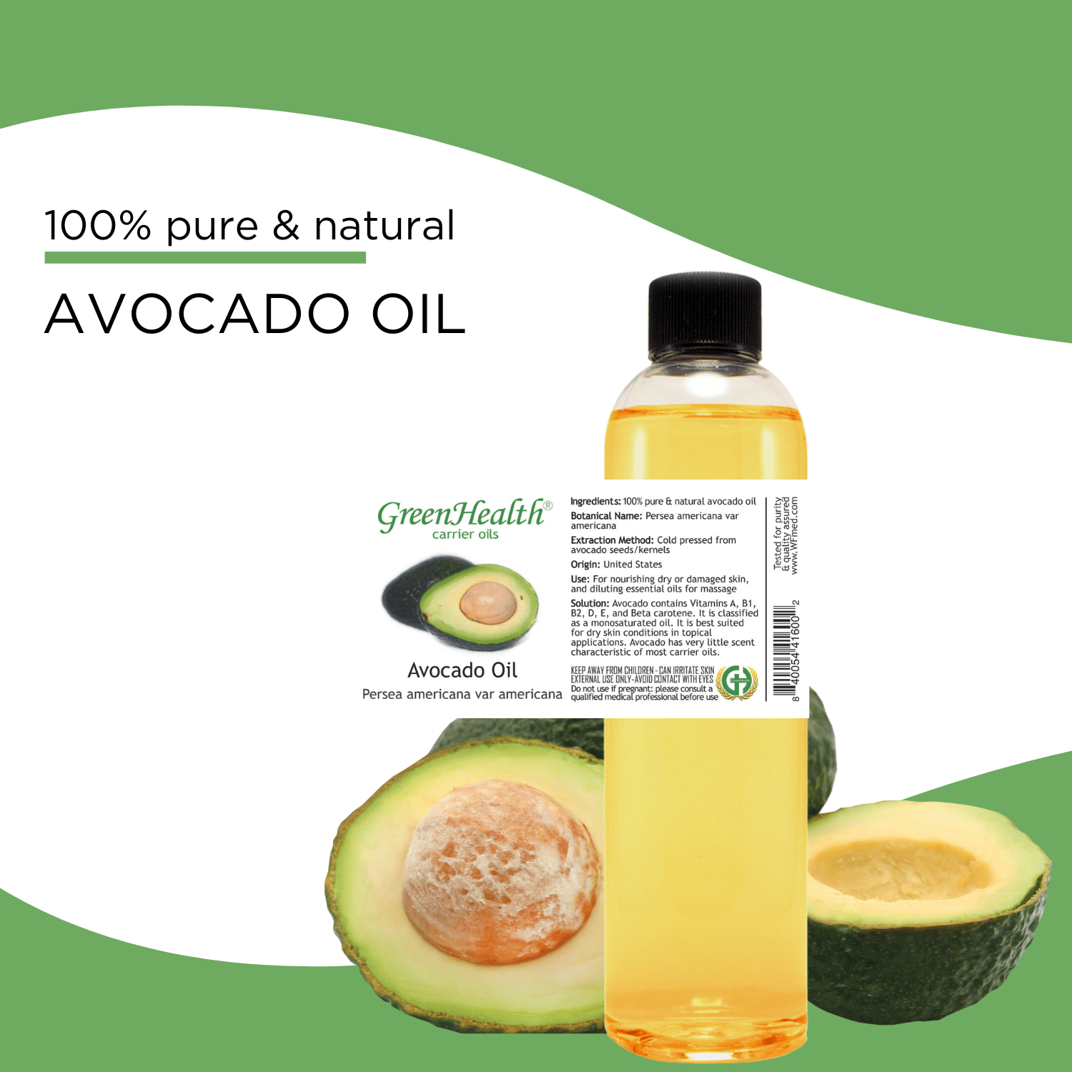 Avocado Carrier Oil – 32 fl oz | Pure Natural Oil | White Plastic Jug with Cap | for DIY Hair Masks, Beard Oils, Soap Making