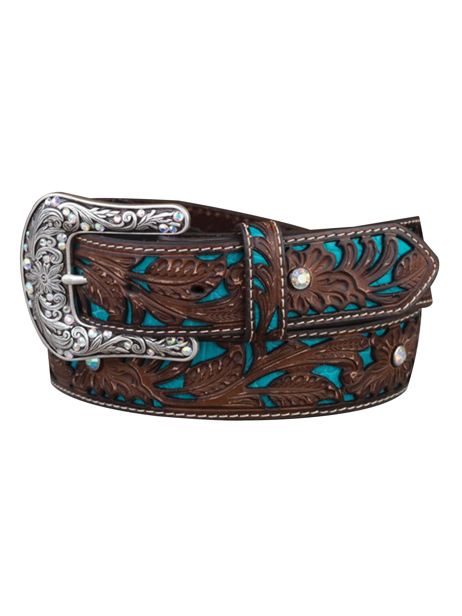 Ariat Western Mens Belt Leather Floral Embossed Overlay Turq Brown A1030002 