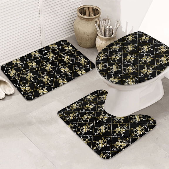 Bathroom Rugs Sets 3 Piece - Gold lightning Rose Absorbent Non Slip Bath Mats, U-Shape Toilet Lid Cover, Contour Mat, Soft Washable Shower Mats Bath Rug Mat for Bathroom Tub Toilet