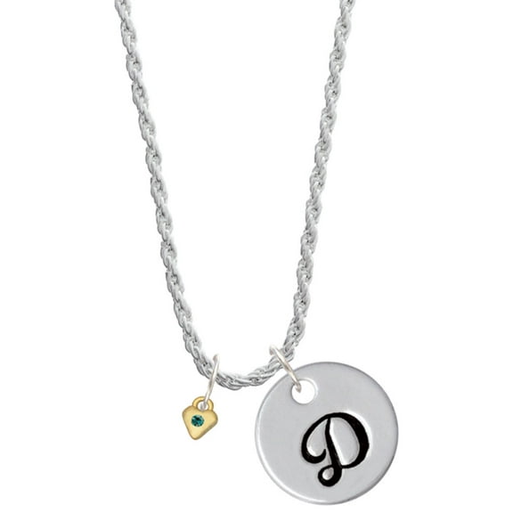 Delight Jewelry Goldtone Mini December - Teal Crystal Heart Silvertone Script Initial Disc - D - Charm Necklace, 20"+3"