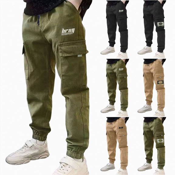 Nwiuh Boys' Cargo Pants Casual Kids Joggers Elastic Waist Outdoor Hiking Baggy Trousers 2-10 Years (Green, 3-4 Years)