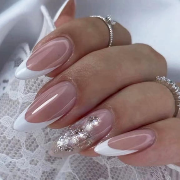 Almond Shaped Press on Nails Medium French White Acrylic Fake Press Ons Nails with Glitter Design Glue on Glossy Full Cover Artificial False Stick on Nail for Girls Women Daily Wear 24PCS French Whit