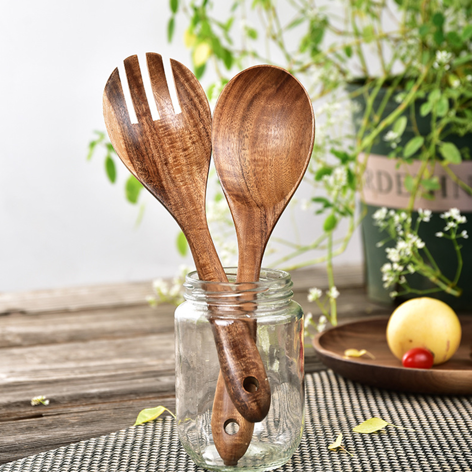 Acacia wood salad spoon and fork set long handle kitchenware large