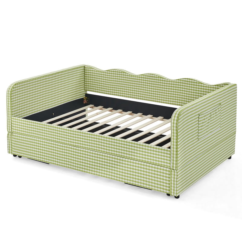 Full Size Daybed with Pop Up Trundle, Gingham Twin to King Daybed with Side Storage Pockets, Upholstered Sofa Bed Frame for Living Room Bedroom, No Box Spring Needed