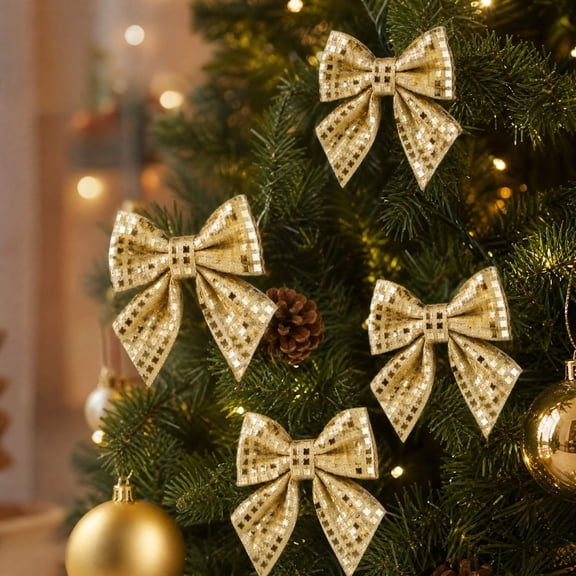 Qjidjing 4Pcs Christmas Tree Bow Ornaments, Sequin Bow Xmas Hanging Decor, for Christmas Tree, Wreath, Indoor Party