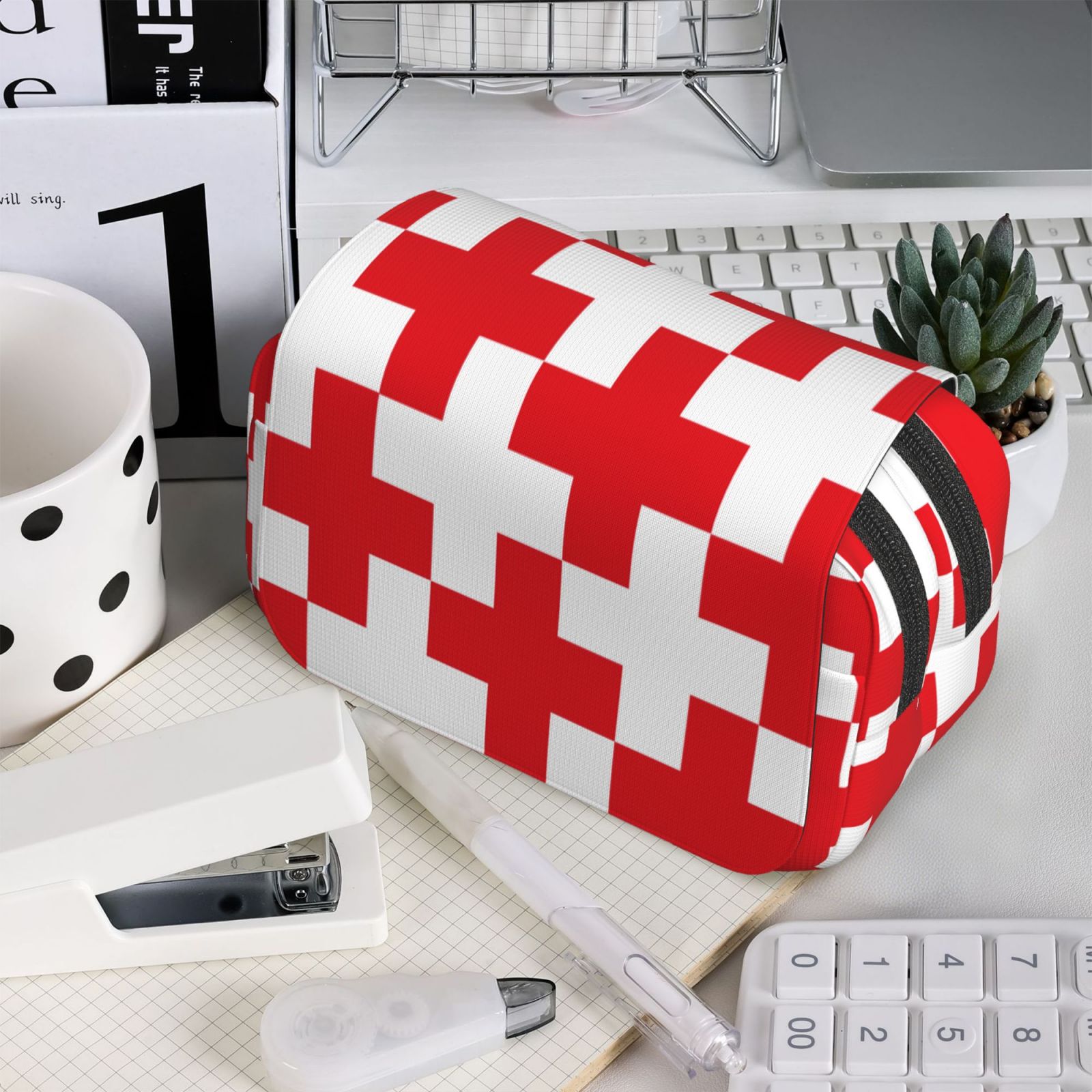 Rateoe Red Cross 1 Pattern Double Clamshell Pen Case, Storage Organizer with Two Zipper Compartments– Holds Up to 50 Pencils & Pens