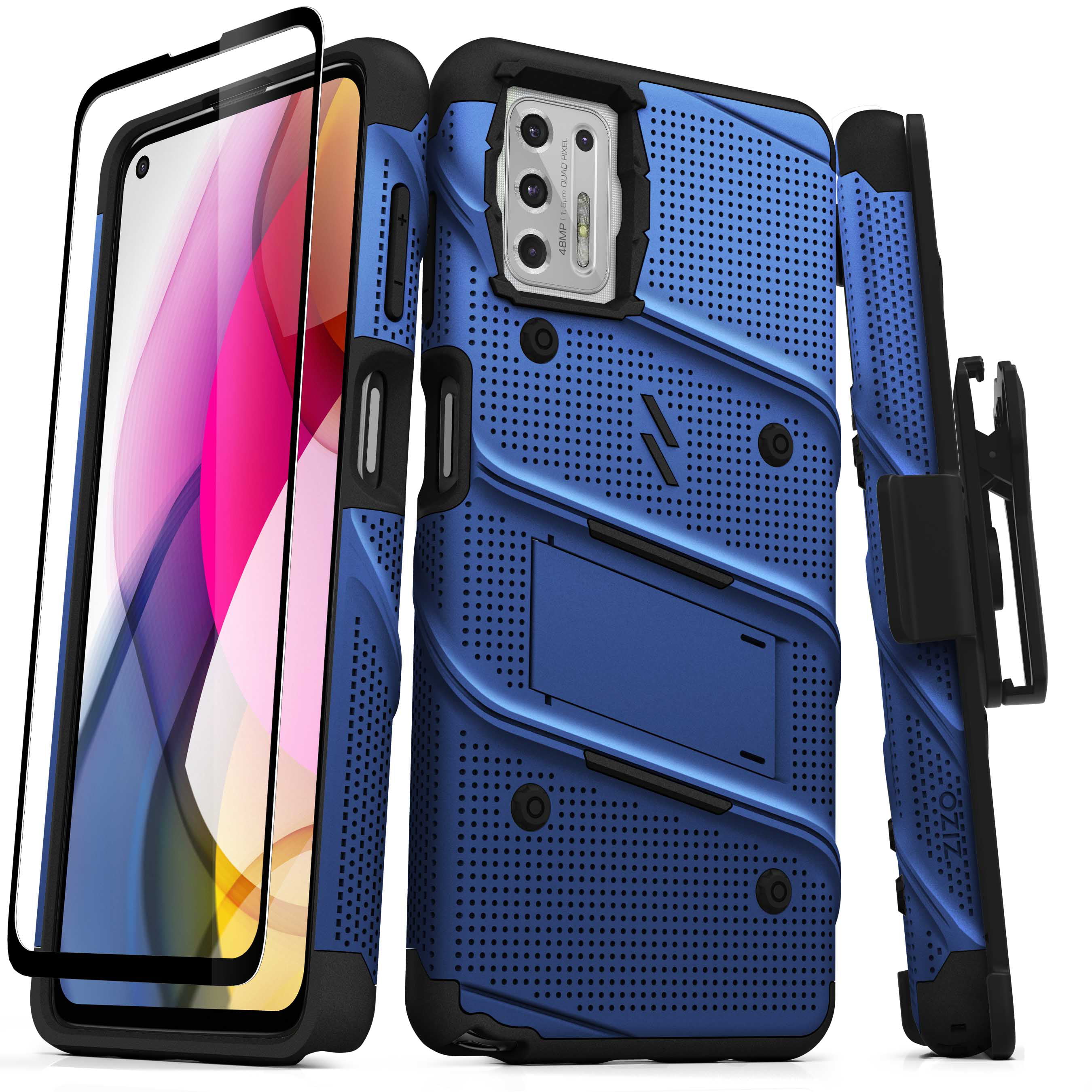 2021 Case with Screen Protector Kickstand Holster Lanyard Blue & Black ZIZO Bolt Series for Moto G Stylus 5G 