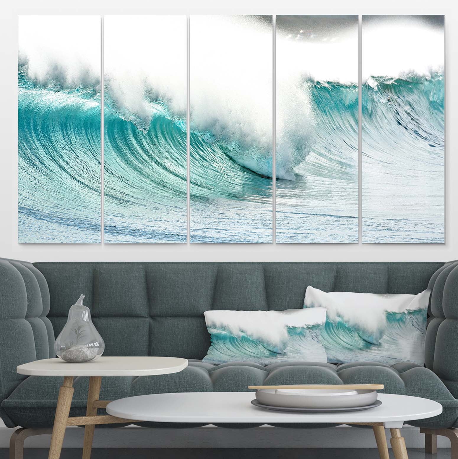Designart 'Massive Blue Waves Breaking Beach ' Multipanel Seashore Metal Wall Art