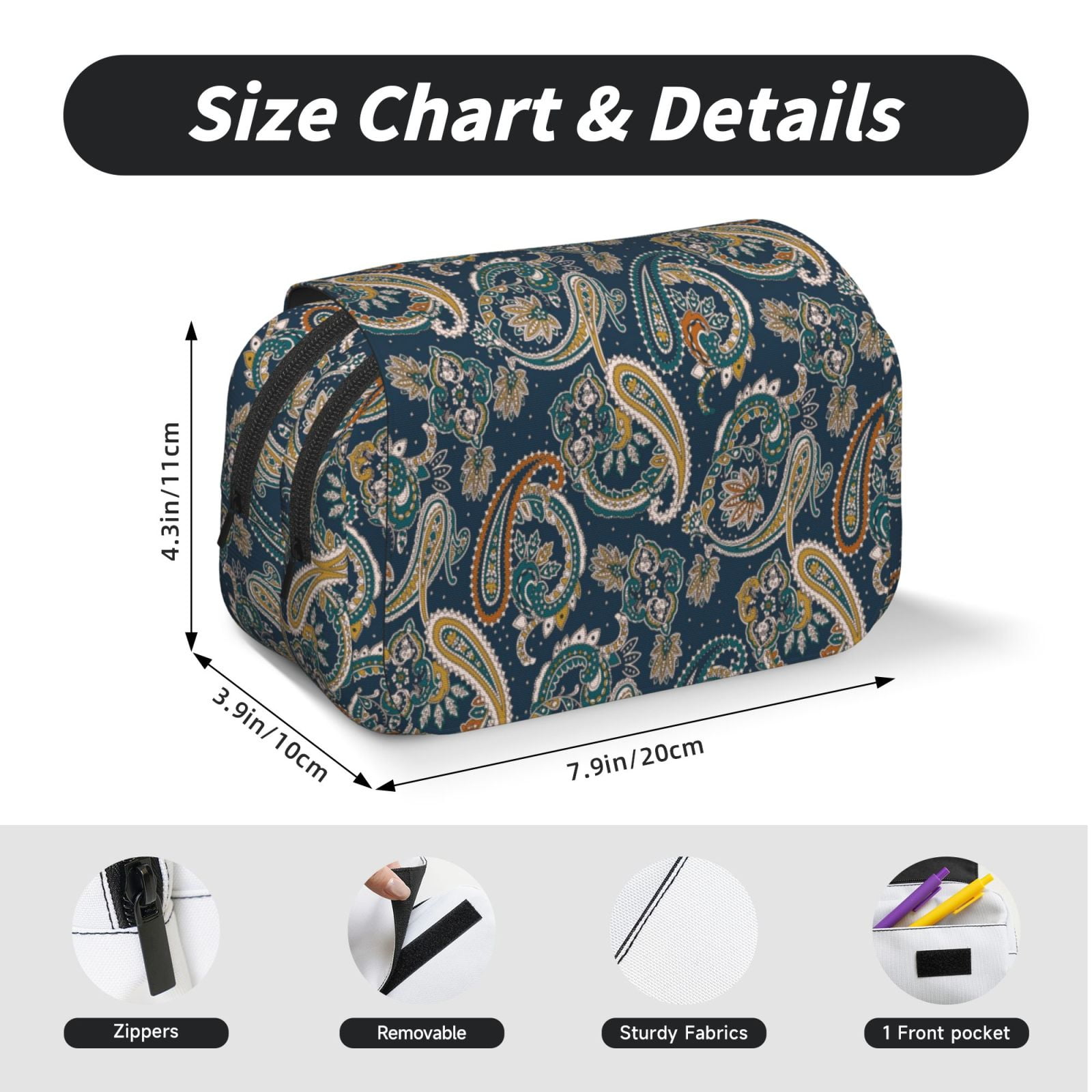 Rateoe Indian Paisley 2 Pattern Double Clamshell Pen Case, Storage Organizer with Two Zipper Compartments– Holds Up to 50 Pencils & Pens